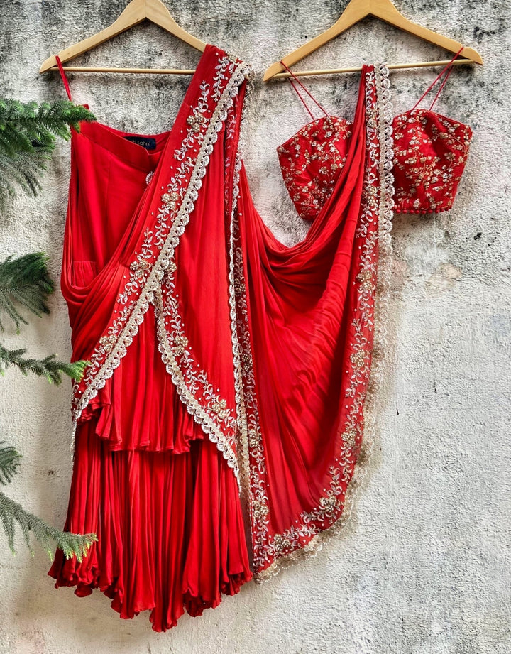 Regal Red Pre-Draped Ruffle Embellished Georgette Saree With Silk Bustier Priti Sahni - Fabilicious Fashion
