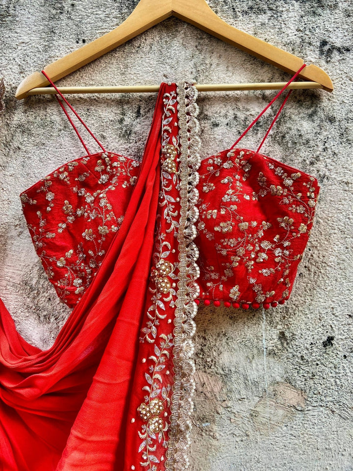 Regal Red Pre-Draped Ruffle Embellished Georgette Saree With Silk Bustier Priti Sahni - Fabilicious Fashion