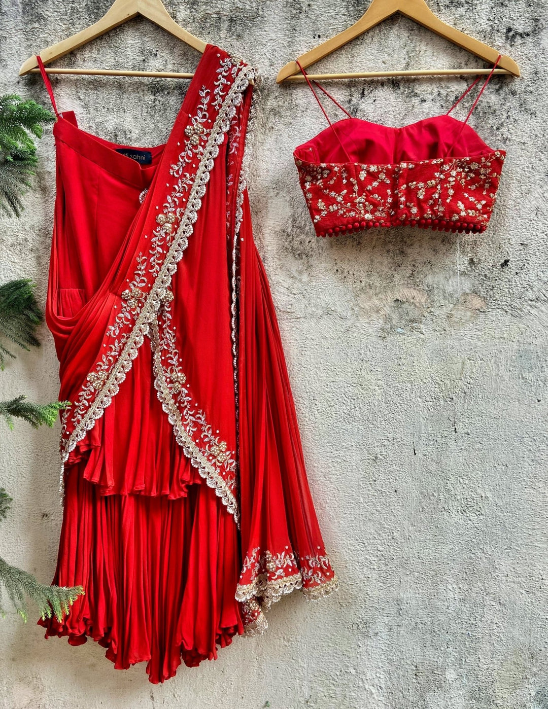Regal Red Pre-Draped Ruffle Embellished Georgette Saree With Silk Bustier Priti Sahni - Fabilicious Fashion