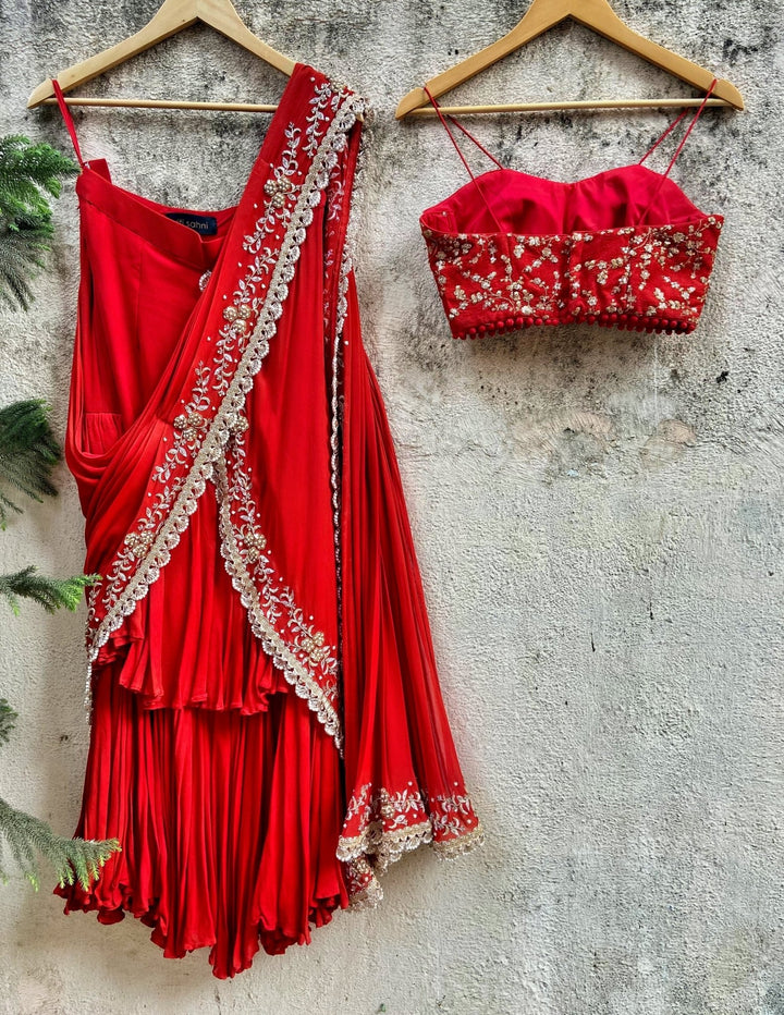Regal Red Pre-Draped Ruffle Embellished Georgette Saree With Silk Bustier Priti Sahni - Fabilicious Fashion