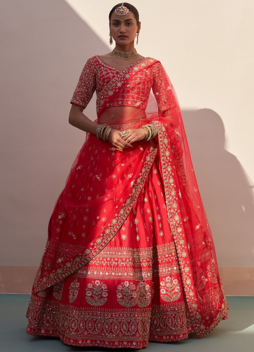 Regal Red Raw Silk Double Dupatta Lehenga Set Angad Singh - Fabilicious Fashion