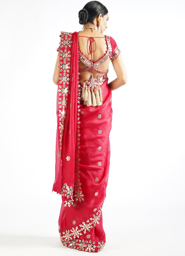 Regal Red Satin Organza Mirrorwork Saree With Classic Blouse Vvani by Vani Vats - Fabilicious Fashion