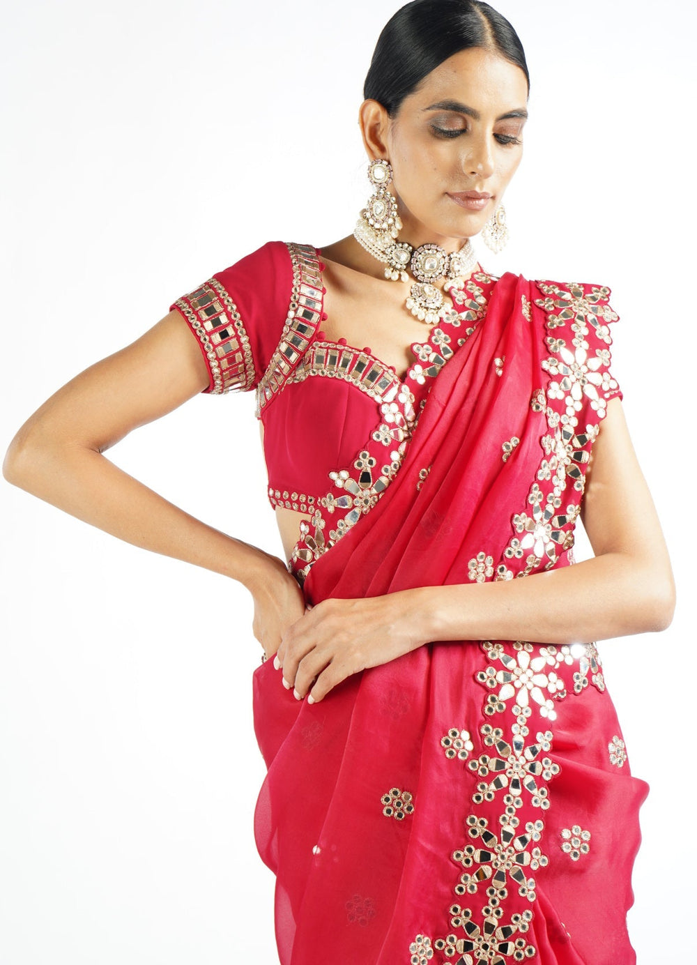 Regal Red Satin Organza Mirrorwork Saree With Classic Blouse Vvani by Vani Vats - Fabilicious Fashion