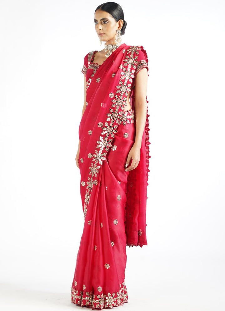 Regal Red Satin Organza Mirrorwork Saree With Classic Blouse Vvani by Vani Vats - Fabilicious Fashion