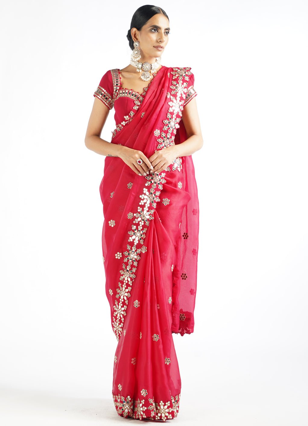 Regal Red Satin Organza Mirrorwork Saree With Classic Blouse Vvani by Vani Vats - Fabilicious Fashion