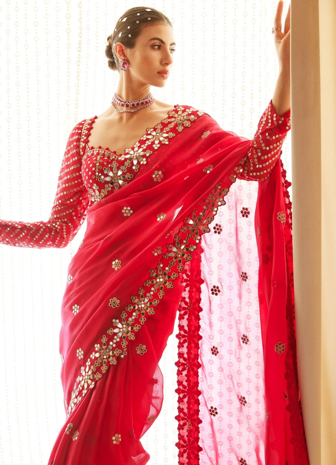 Regal Red Satin Organza Mirrorwork Saree With Full Sleeved Blouse Vvani by Vani Vats - Fabilicious Fashion