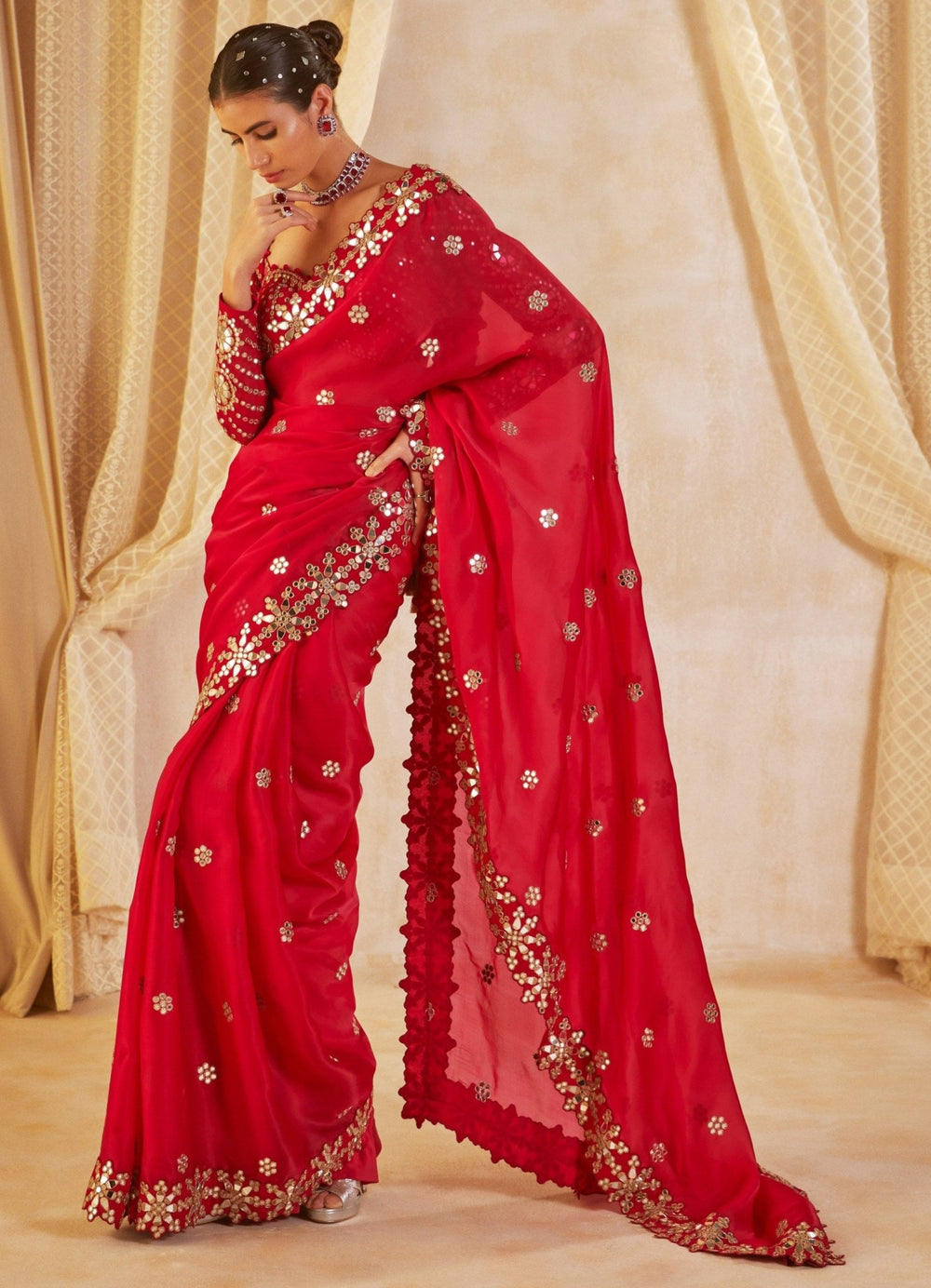 Regal Red Satin Organza Mirrorwork Saree With Full Sleeved Blouse Vvani by Vani Vats - Fabilicious Fashion