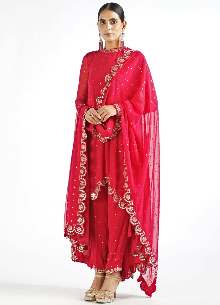 Regal Red Shimmer Pant Kurta Set With Scallop Dupatta Vvani by Vani Vats - Fabilicious Fashion