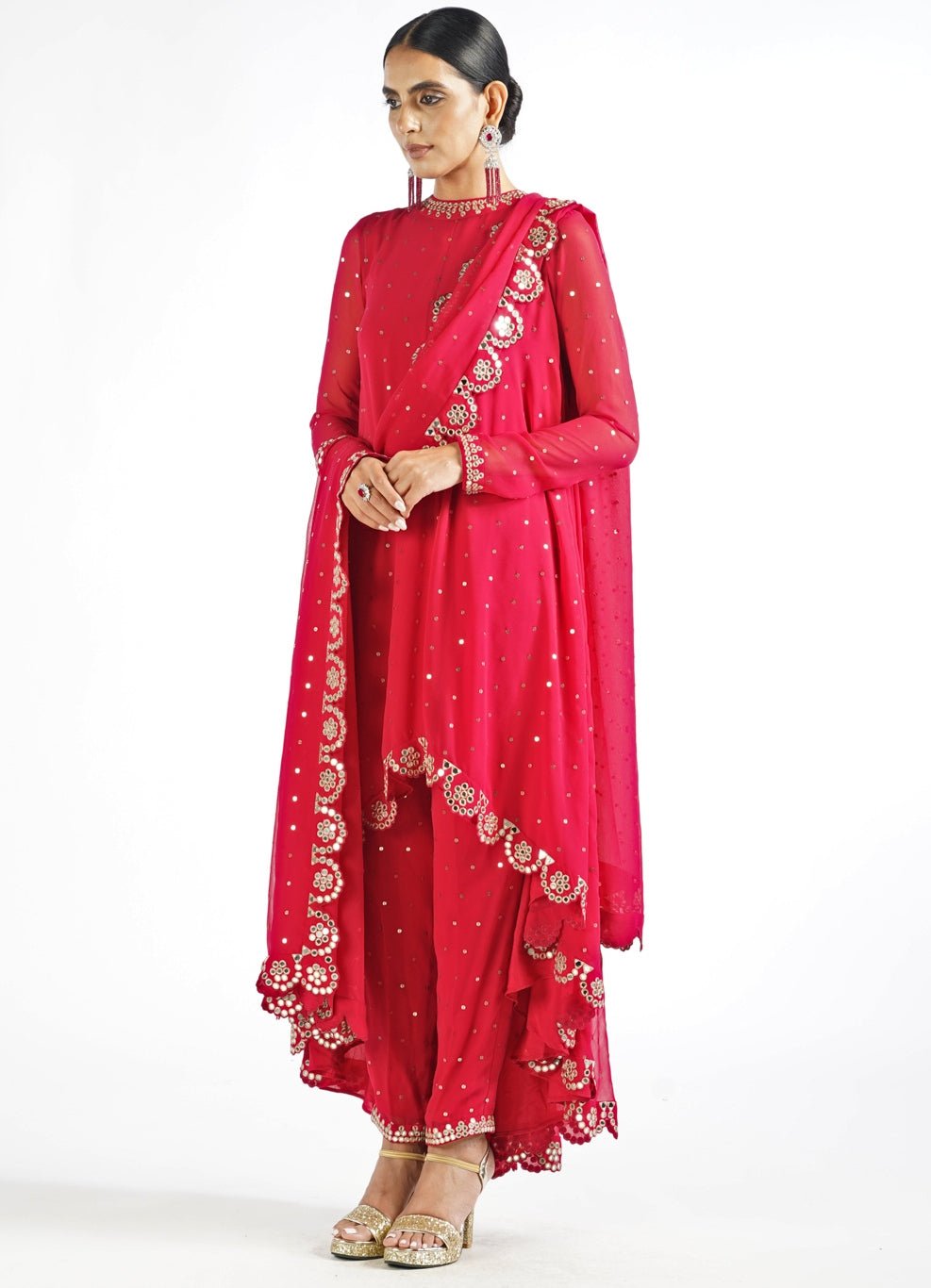 Regal Red Shimmer Pant Kurta Set With Scallop Dupatta Vvani by Vani Vats - Fabilicious Fashion