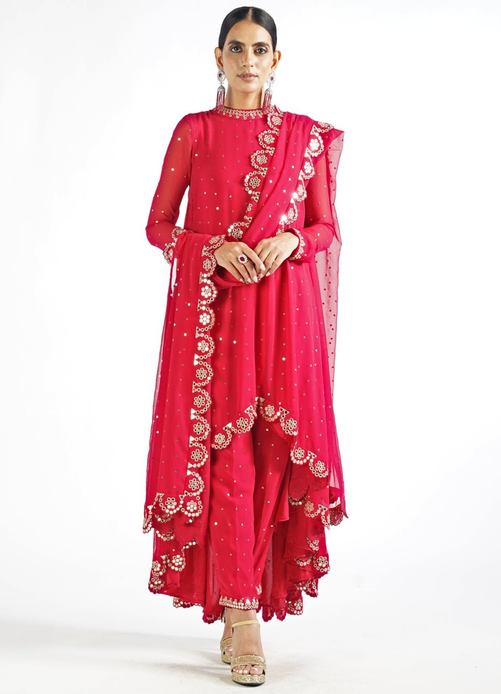 Regal Red Shimmer Pant Kurta Set With Scallop Dupatta Vvani by Vani Vats - Fabilicious Fashion