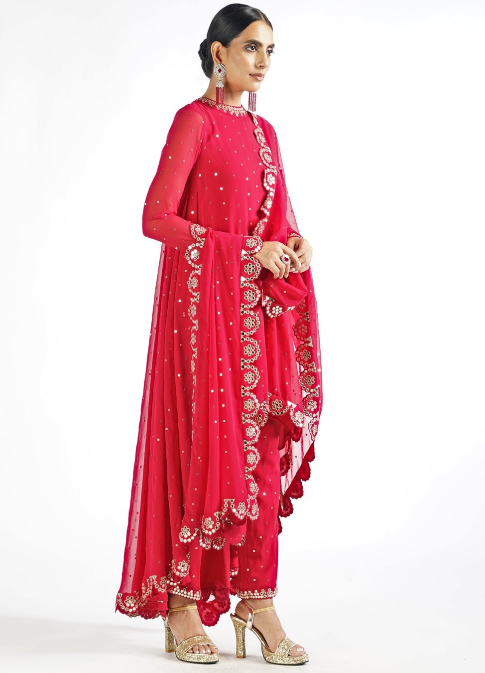 Regal Red Shimmer Pant Kurta Set With Scallop Dupatta Vvani by Vani Vats - Fabilicious Fashion