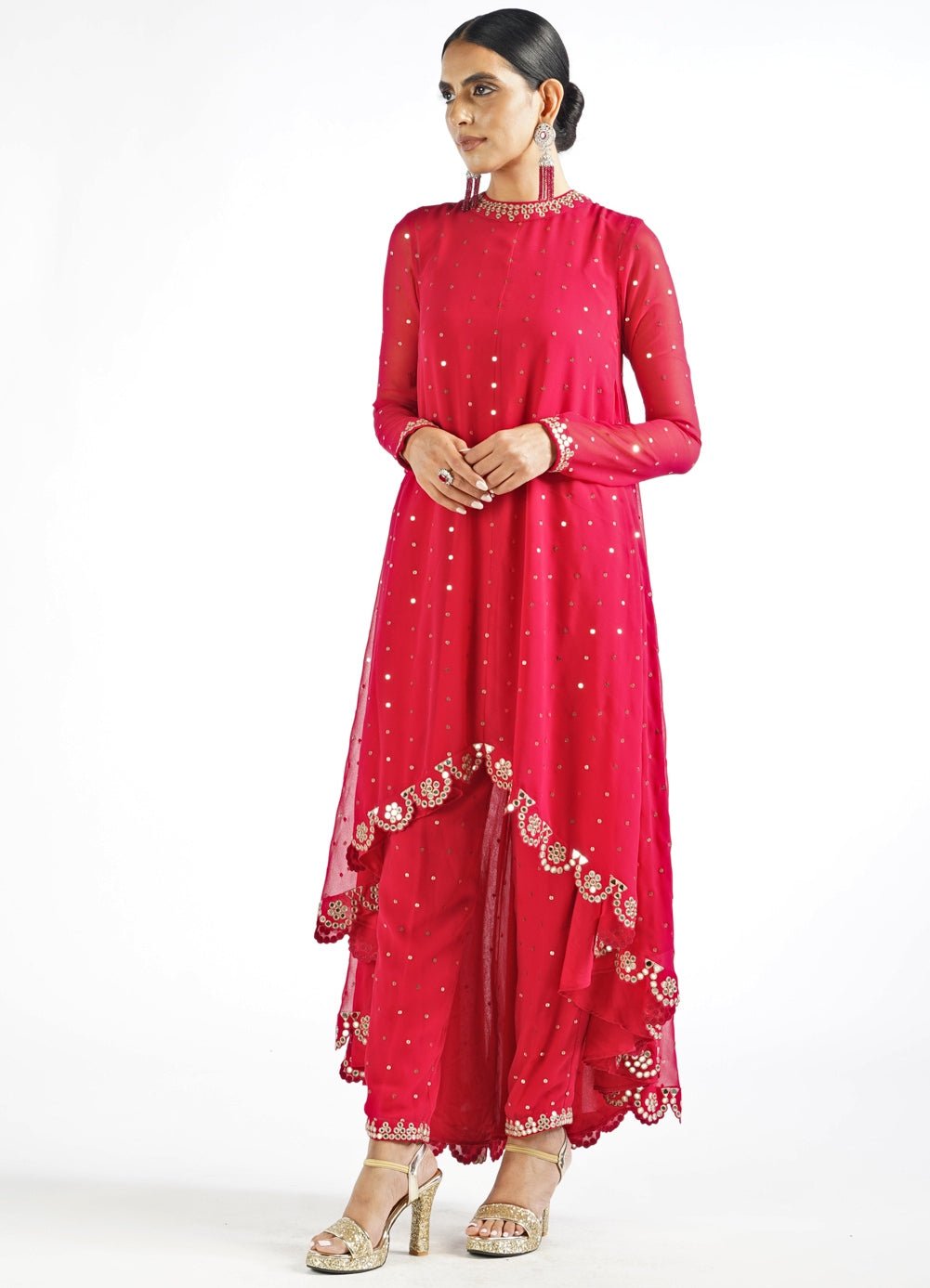Regal Red Shimmer Pant Kurta Set Vvani by Vani Vats - Fabilicious Fashion