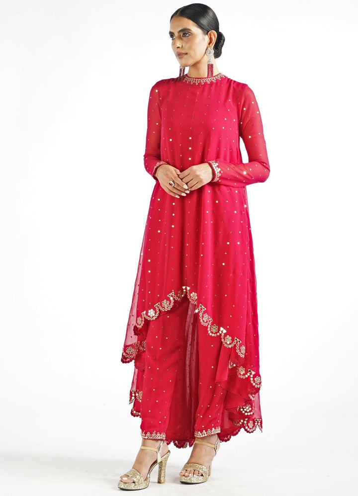 Regal Red Shimmer Pant Kurta Set Vvani by Vani Vats - Fabilicious Fashion
