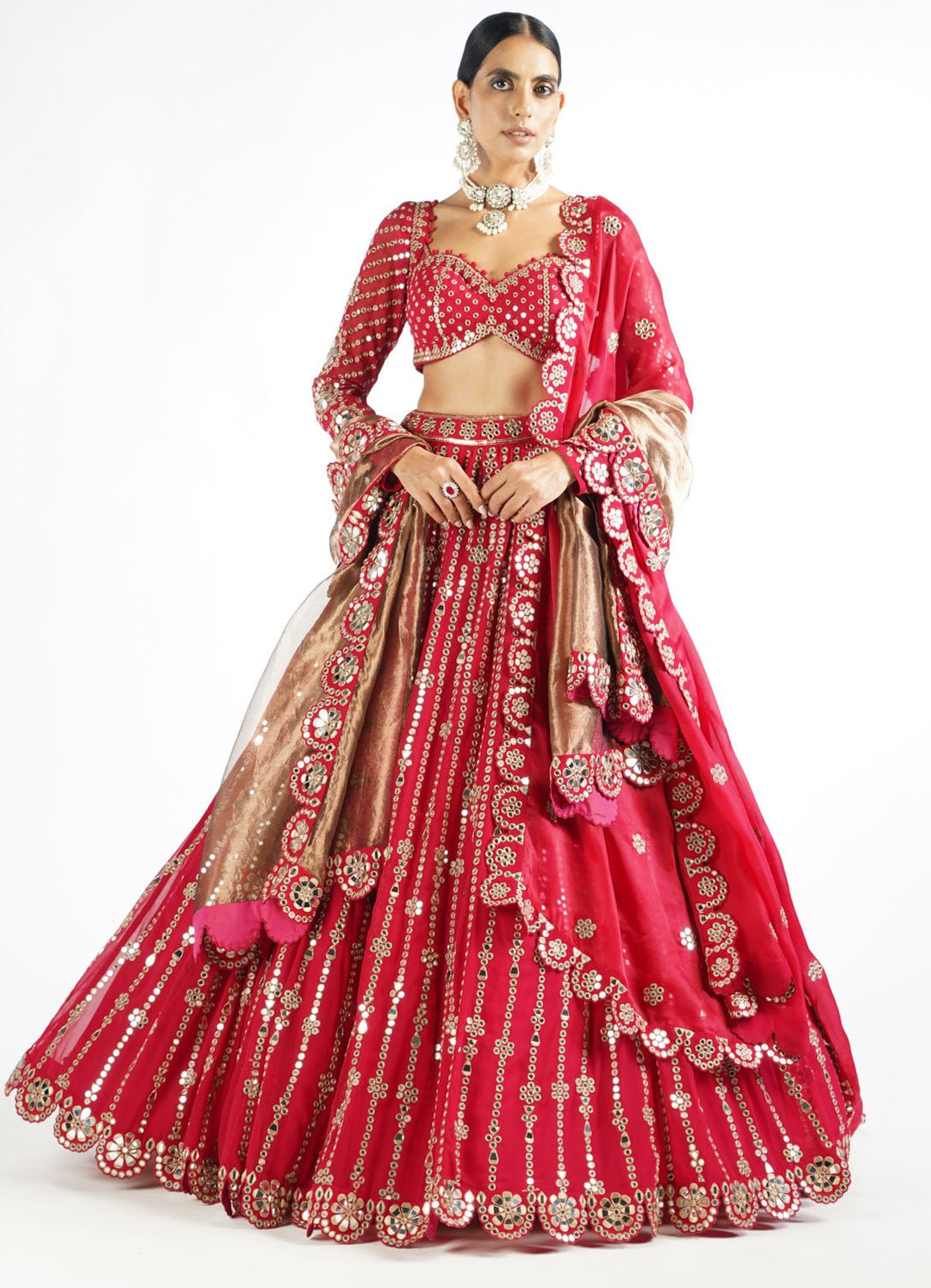Regal Red Small Flower Linear Lehenga Set With Double Dupatta Vvani by Vani Vats - Fabilicious Fashion