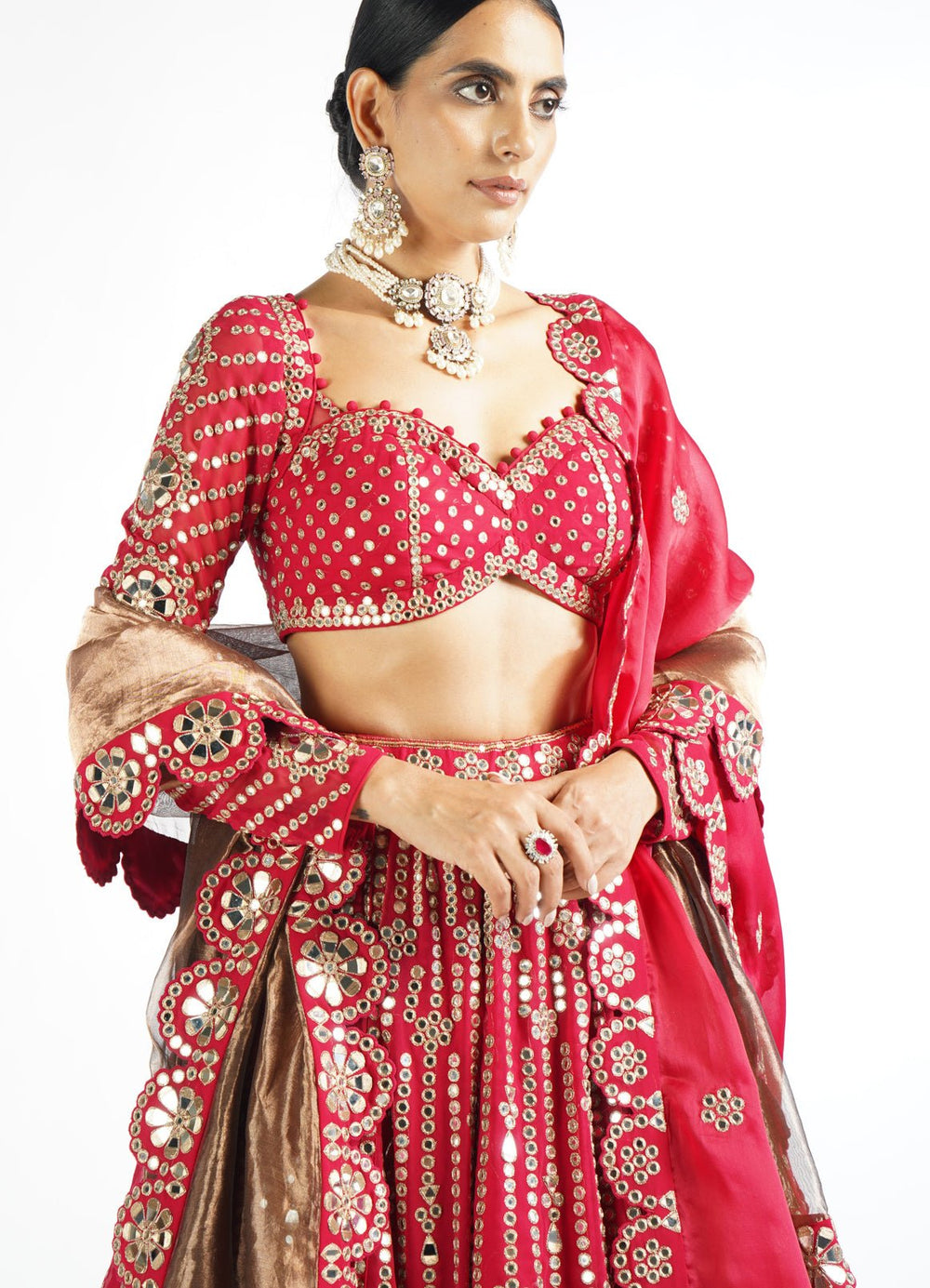 Regal Red Small Flower Linear Lehenga Set With Double Dupatta Vvani by Vani Vats - Fabilicious Fashion
