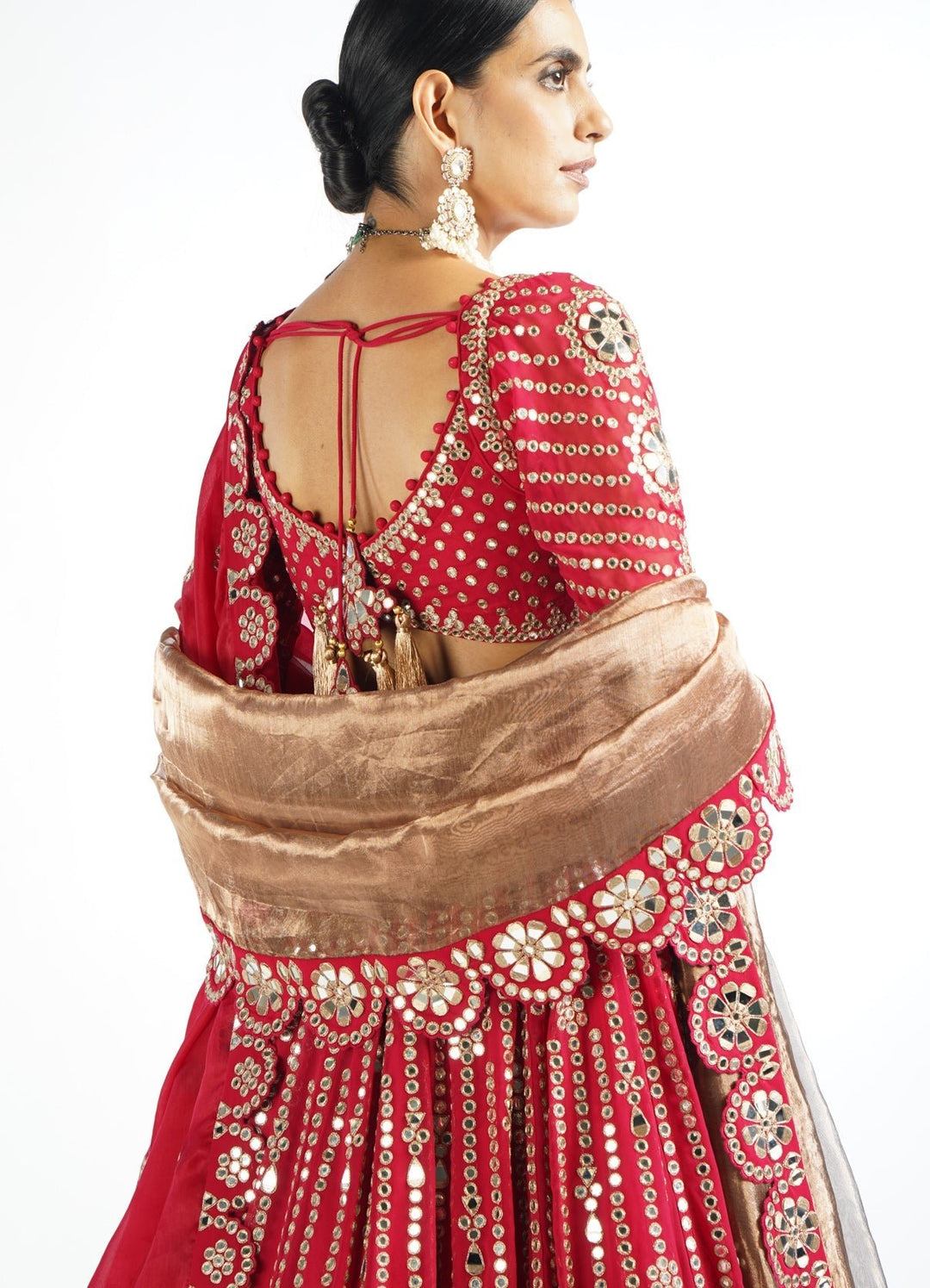 Regal Red Small Flower Linear Lehenga Set With Double Dupatta Vvani by Vani Vats - Fabilicious Fashion