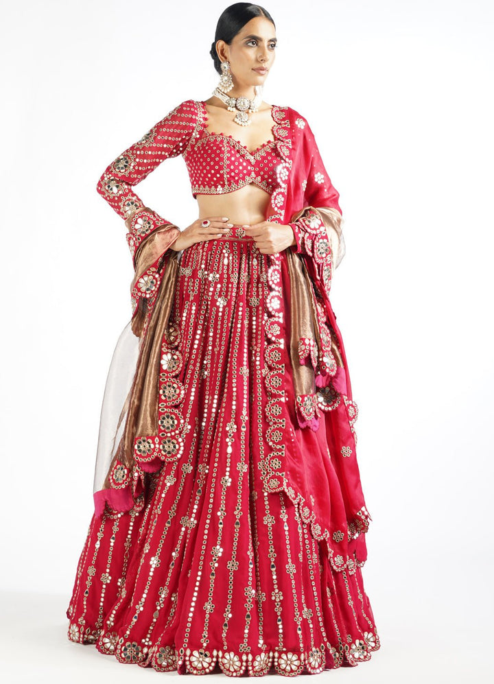 Regal Red Small Flower Linear Lehenga Set With Double Dupatta Vvani by Vani Vats - Fabilicious Fashion