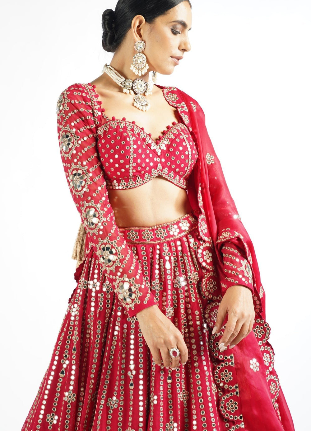 Regal Red Small Flower Linear Lehenga Set Vvani by Vani Vats - Fabilicious Fashion