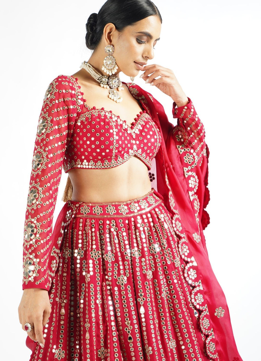 Regal Red Small Flower Linear Lehenga Set Vvani by Vani Vats - Fabilicious Fashion