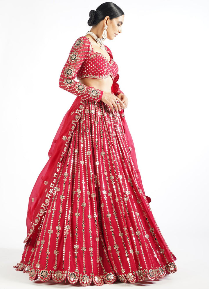 Regal Red Small Flower Linear Lehenga Set Vvani by Vani Vats - Fabilicious Fashion