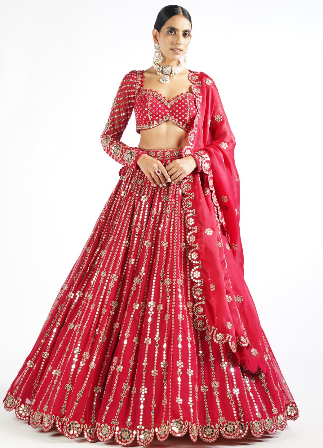 Regal Red Small Flower Linear Lehenga Set Vvani by Vani Vats - Fabilicious Fashion