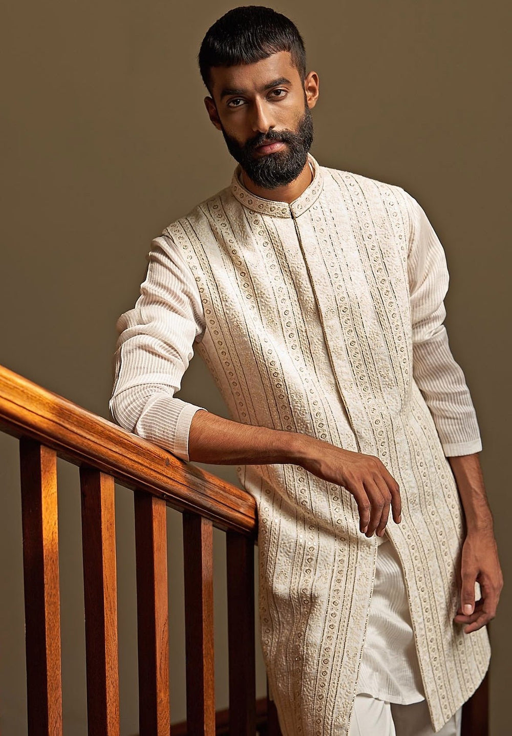 Regal Saga Sleeveless Ivory Sherwani Set Contrast by Parth - Fabilicious Fashion