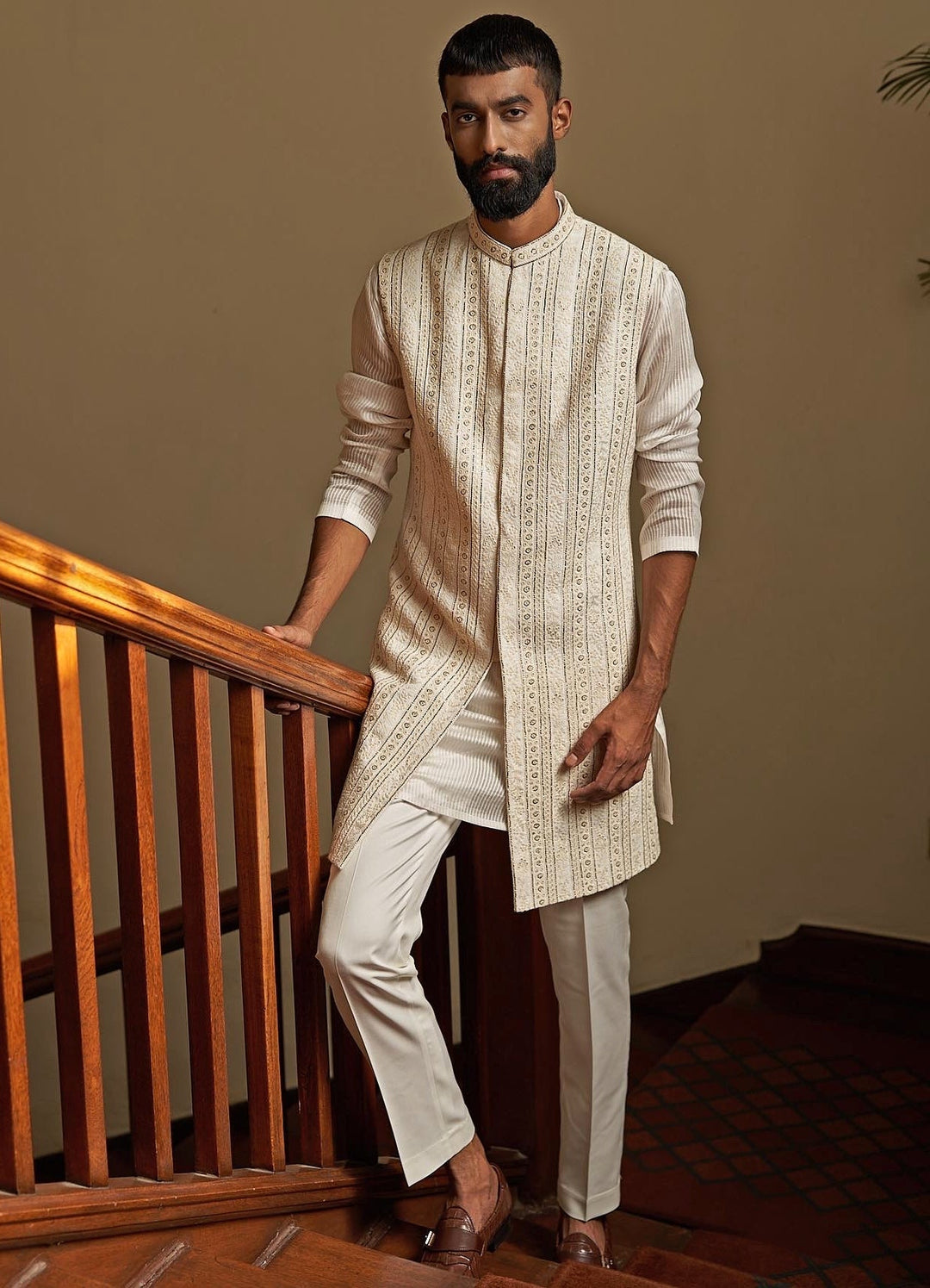 Regal Saga Sleeveless Ivory Sherwani Set Contrast by Parth - Fabilicious Fashion