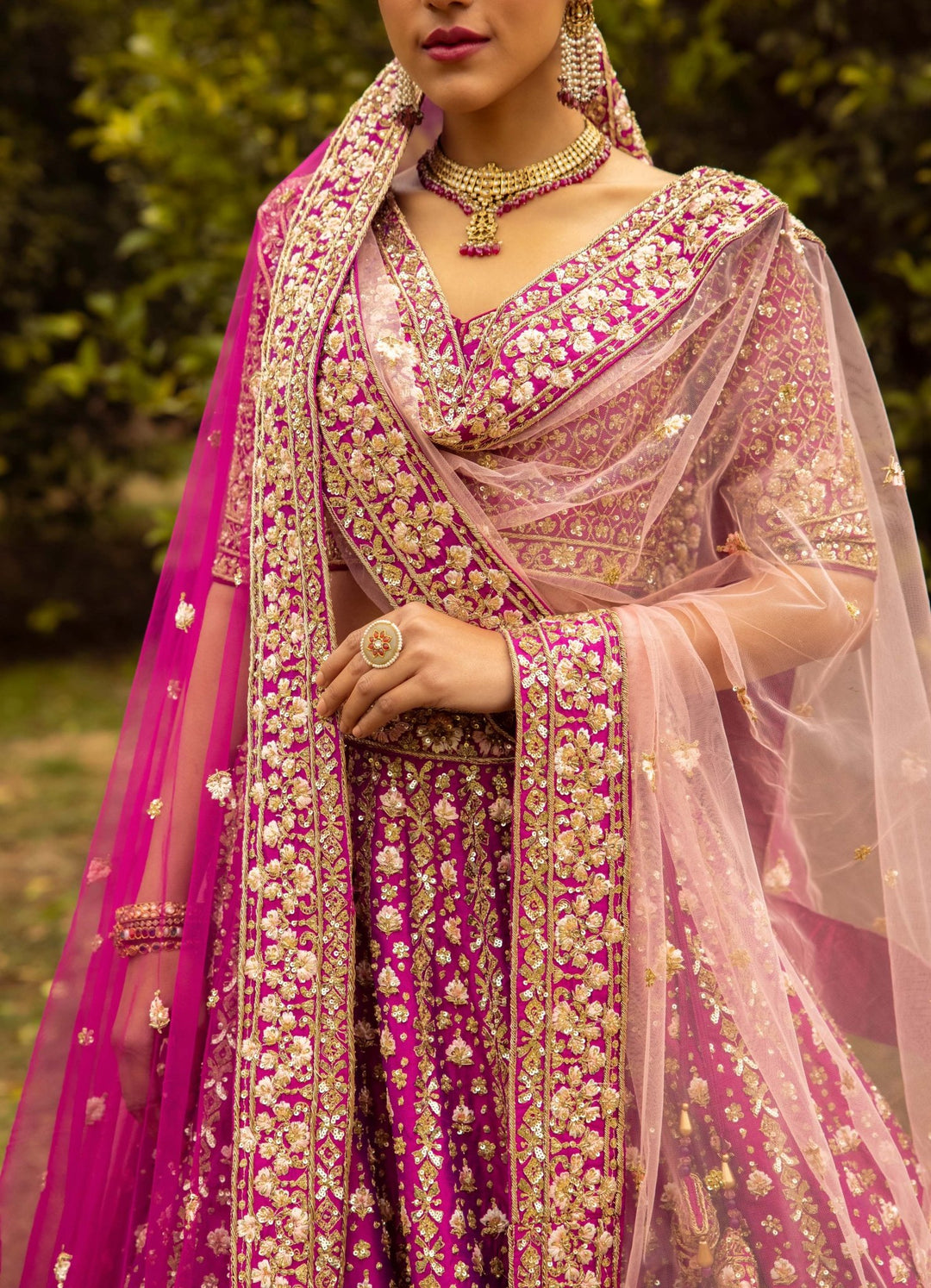 Roop Magenta Pink and Gold Double Dupatta Embroidered Silk Lehenga Set Angad Singh - Fabilicious Fashion
