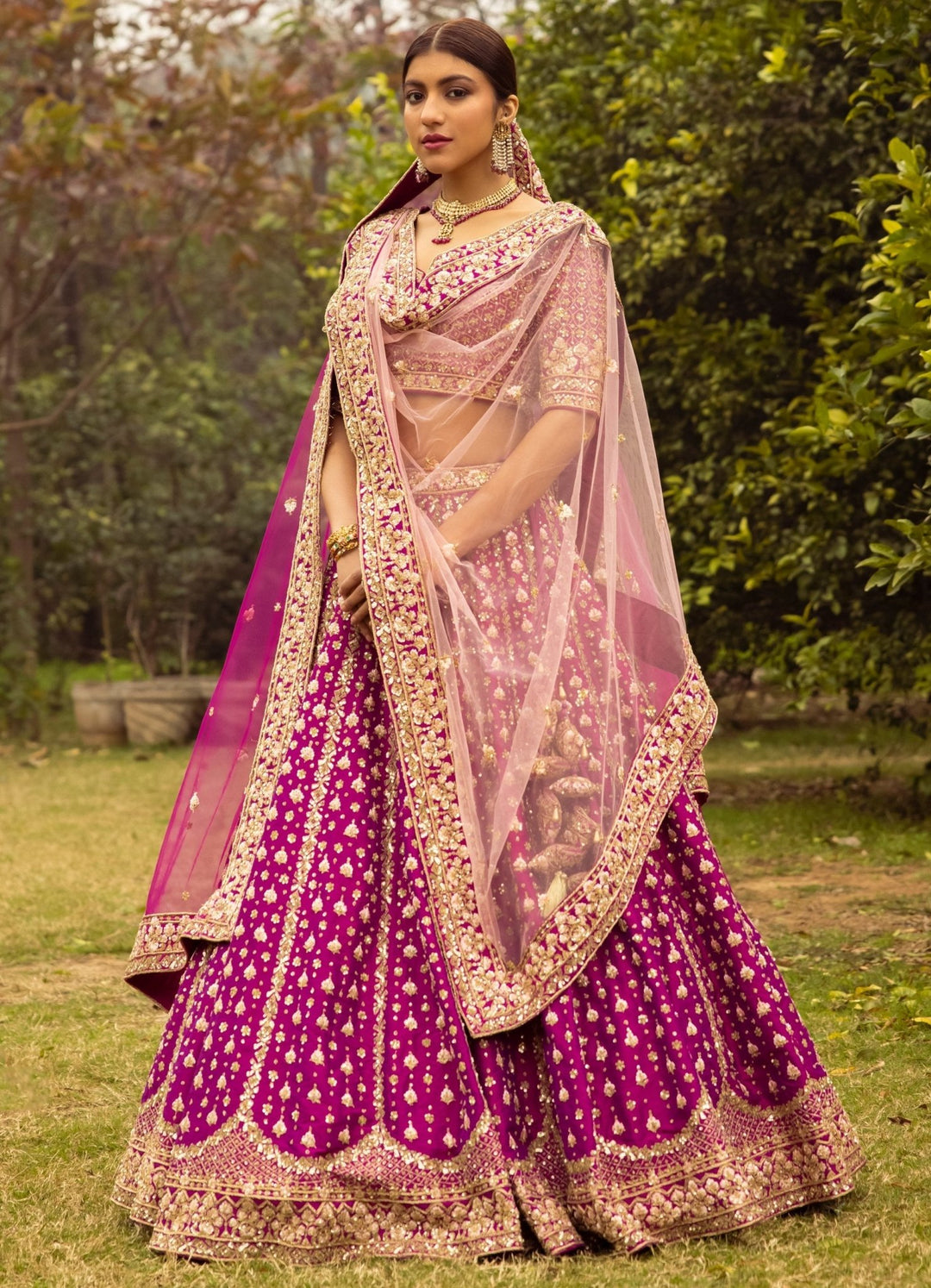 Roop Magenta Pink and Gold Double Dupatta Embroidered Silk Lehenga Set Angad Singh - Fabilicious Fashion