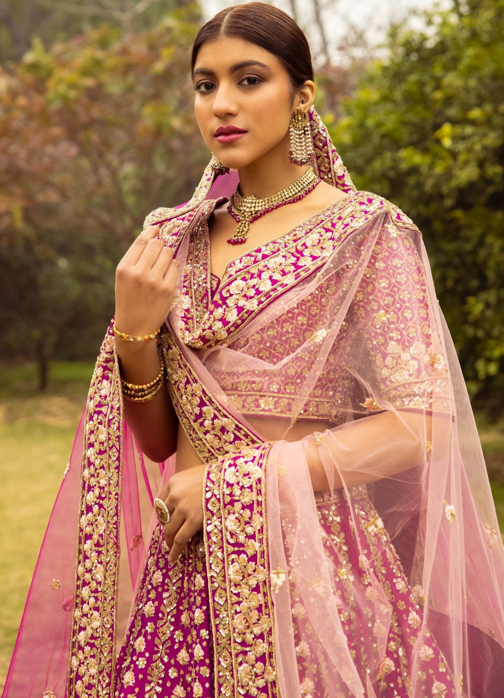 Roop Magenta Pink and Gold Double Dupatta Embroidered Silk Lehenga Set Angad Singh - Fabilicious Fashion