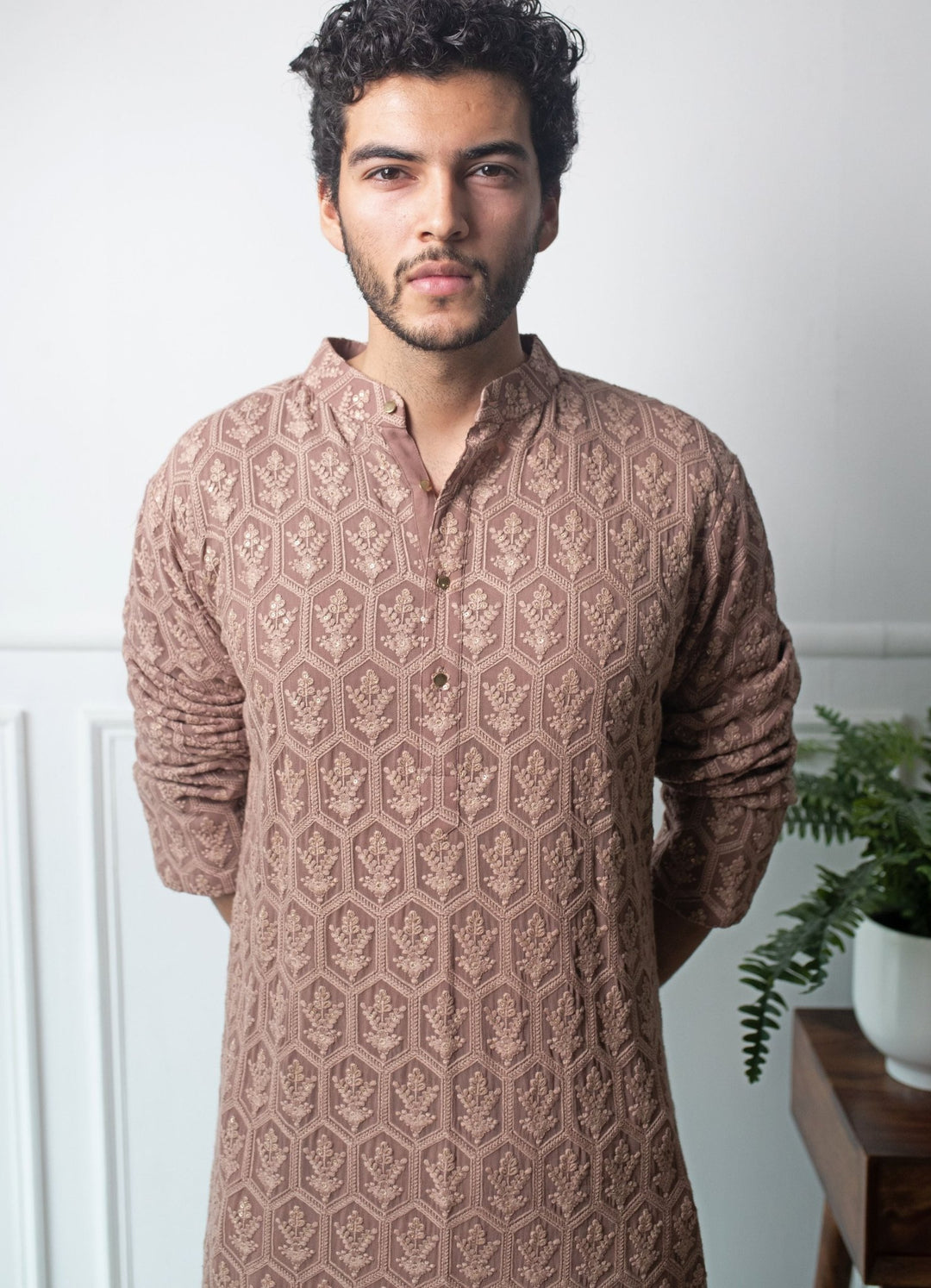rose brown chikankari kurta set Contrast by Parth - Fabilicious Fashion