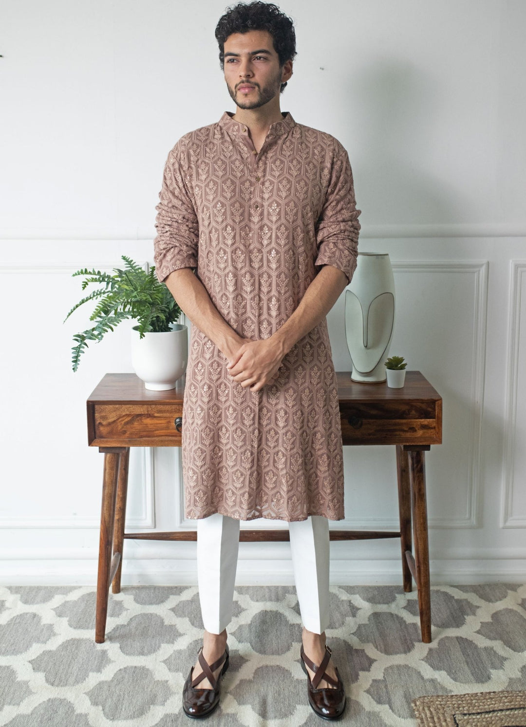 rose brown chikankari kurta set Contrast by Parth - Fabilicious Fashion
