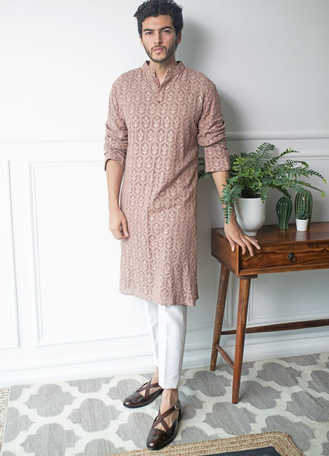 rose brown chikankari kurta set Contrast by Parth - Fabilicious Fashion