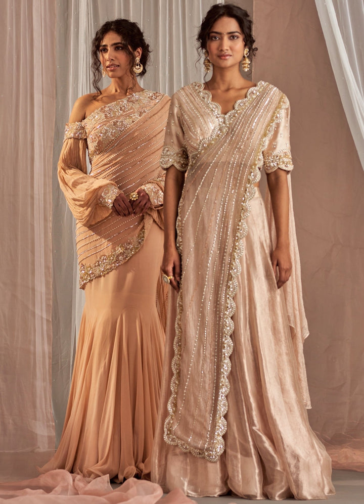 Rose Champagne Organza Lehenga With Scalloped Blouse And Draped Dupatta Nidhika Shekhar - Fabilicious Fashion