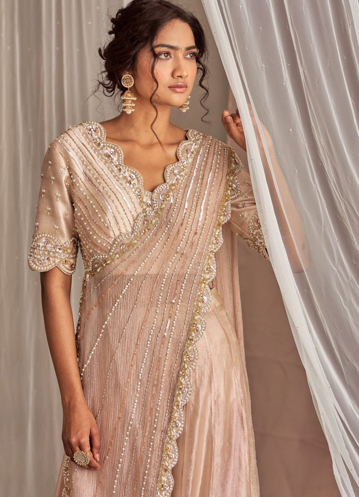 Rose Champagne Organza Lehenga With Scalloped Blouse And Draped Dupatta Nidhika Shekhar - Fabilicious Fashion