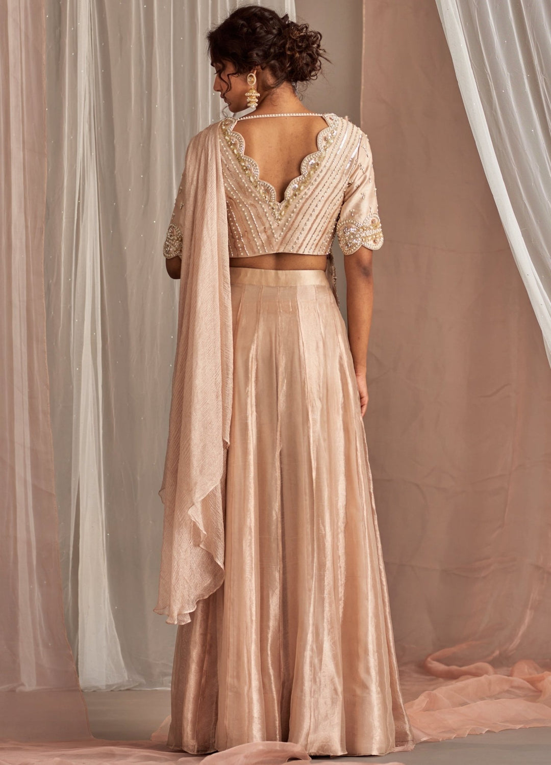 Rose Champagne Organza Lehenga With Scalloped Blouse And Draped Dupatta Nidhika Shekhar - Fabilicious Fashion