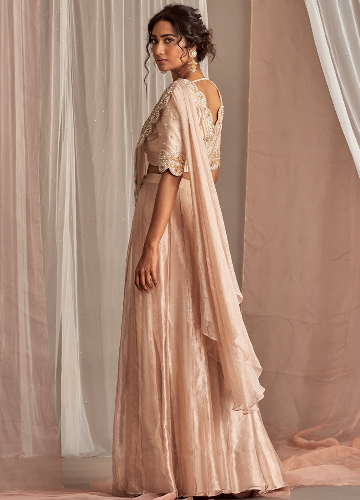 Rose Champagne Organza Lehenga With Scalloped Blouse And Draped Dupatta Nidhika Shekhar - Fabilicious Fashion