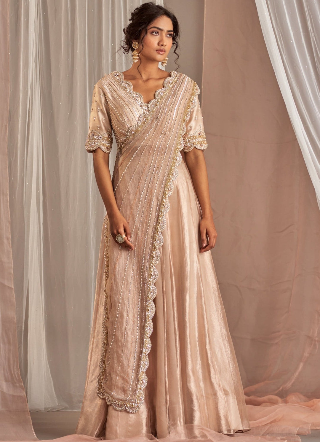 Rose Champagne Organza Lehenga With Scalloped Blouse And Draped Dupatta Nidhika Shekhar - Fabilicious Fashion