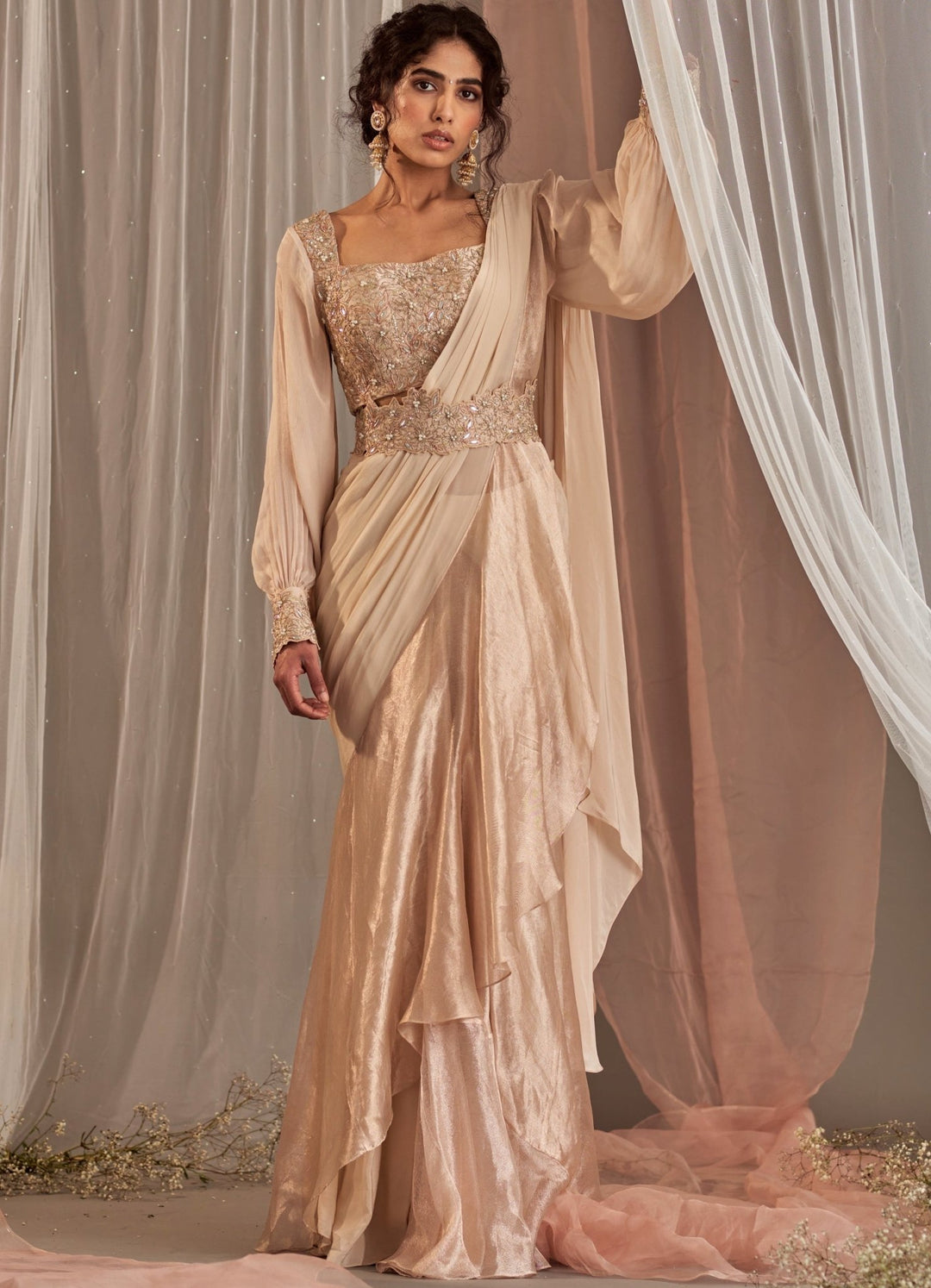 Rose Champagne Pre-Draped Crepe Saree With Balloon Sleeved Blouse Nidhika Shekhar - Fabilicious Fashion