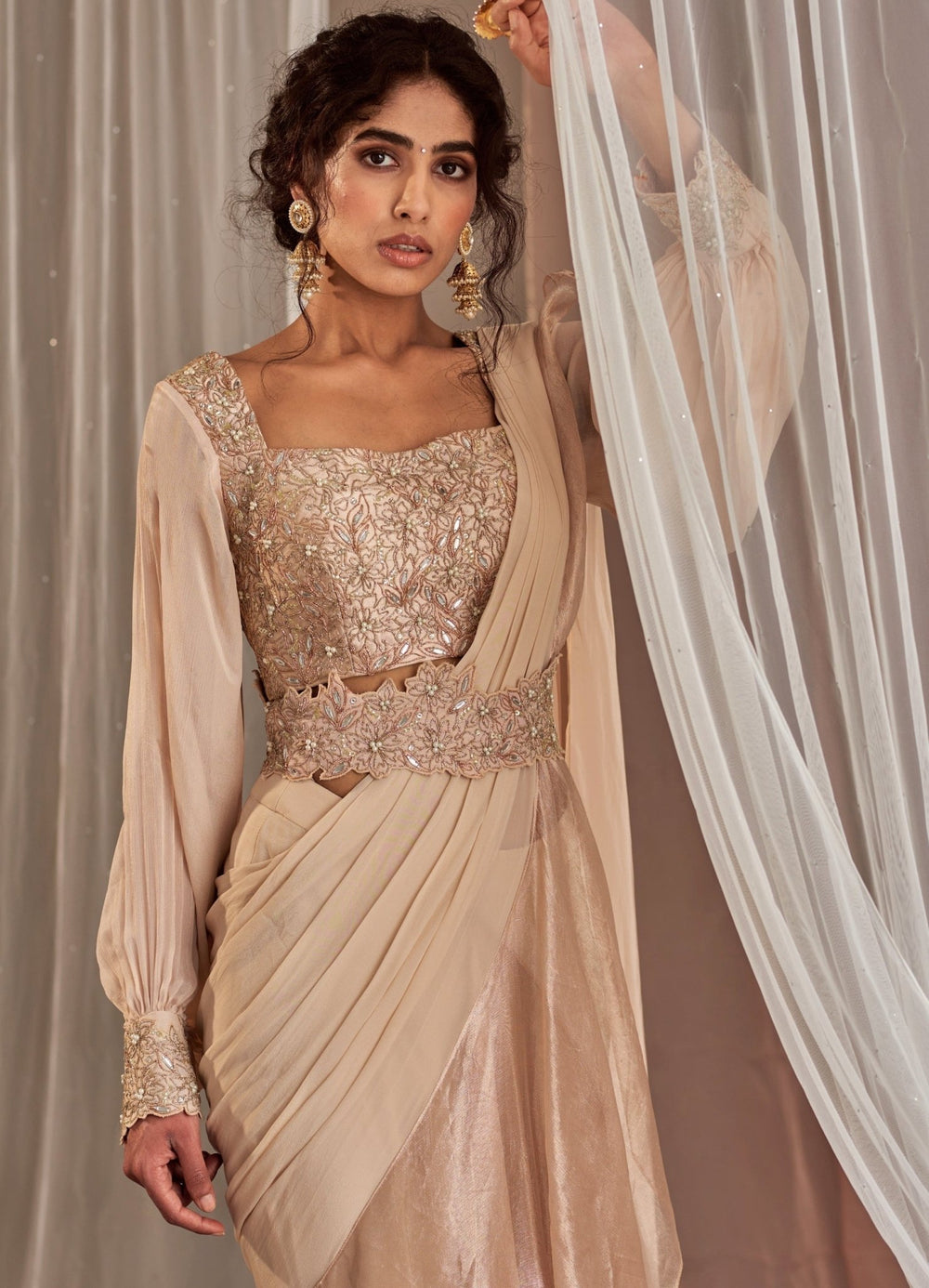 Rose Champagne Pre-Draped Crepe Saree With Balloon Sleeved Blouse Nidhika Shekhar - Fabilicious Fashion