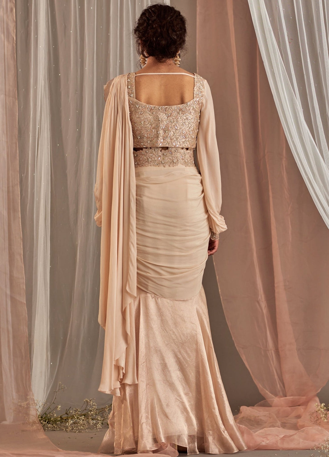 Rose Champagne Pre-Draped Crepe Saree With Balloon Sleeved Blouse Nidhika Shekhar - Fabilicious Fashion