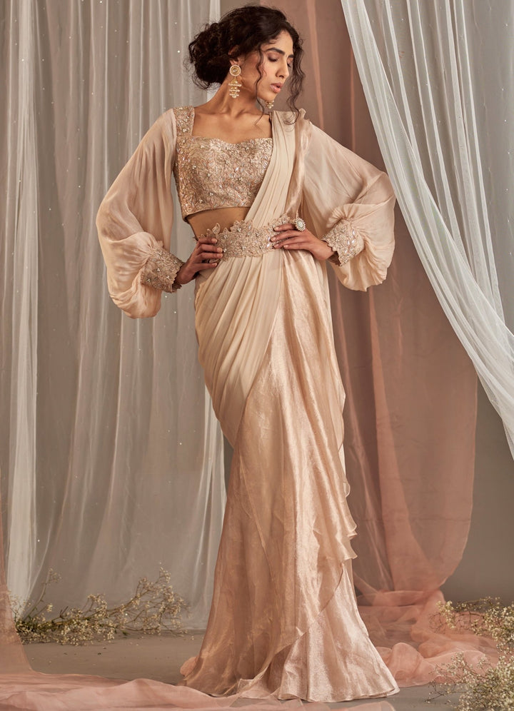Rose Champagne Pre-Draped Crepe Saree With Balloon Sleeved Blouse Nidhika Shekhar - Fabilicious Fashion