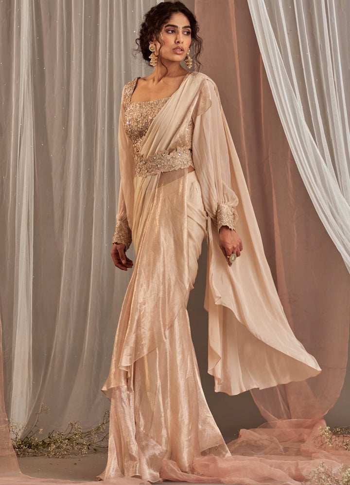 Rose Champagne Pre-Draped Crepe Saree With Balloon Sleeved Blouse Nidhika Shekhar - Fabilicious Fashion