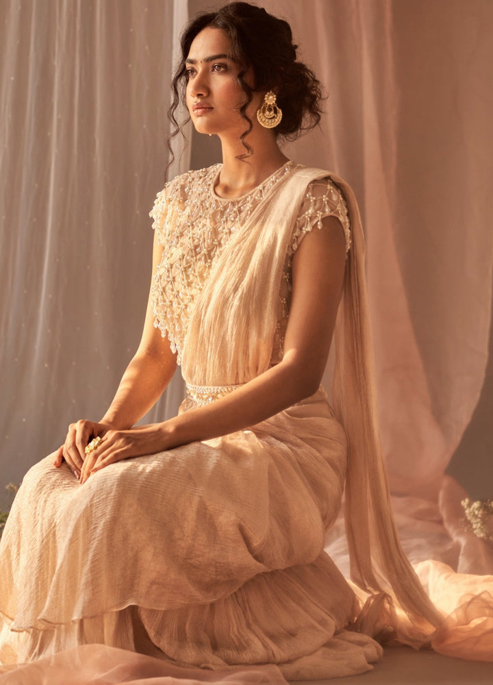 Rose Champagne Pre-Draped Tissue Saree With Tasseled Blouse Nidhika Shekhar - Fabilicious Fashion