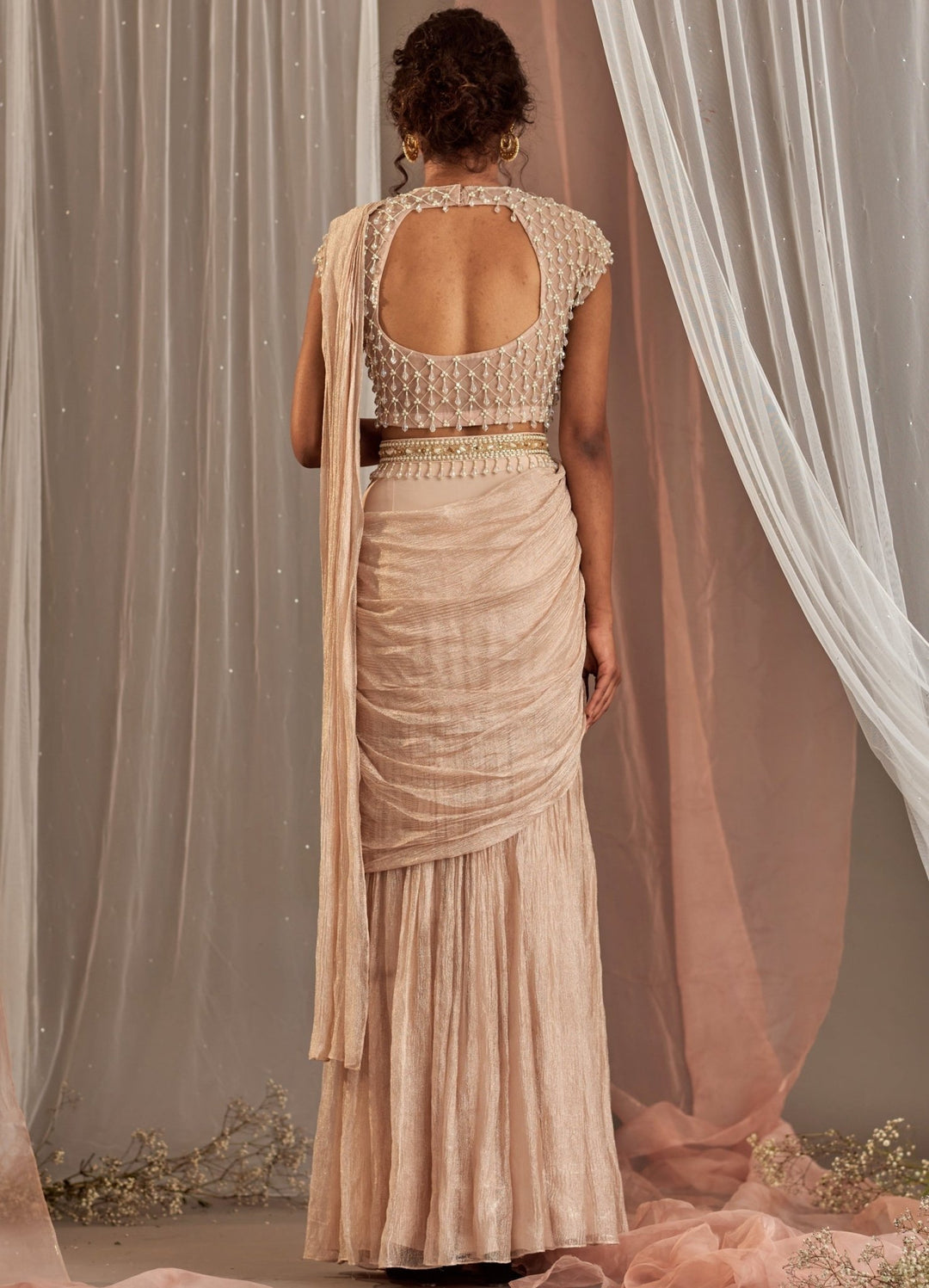 Rose Champagne Pre-Draped Tissue Saree With Tasseled Blouse Nidhika Shekhar - Fabilicious Fashion