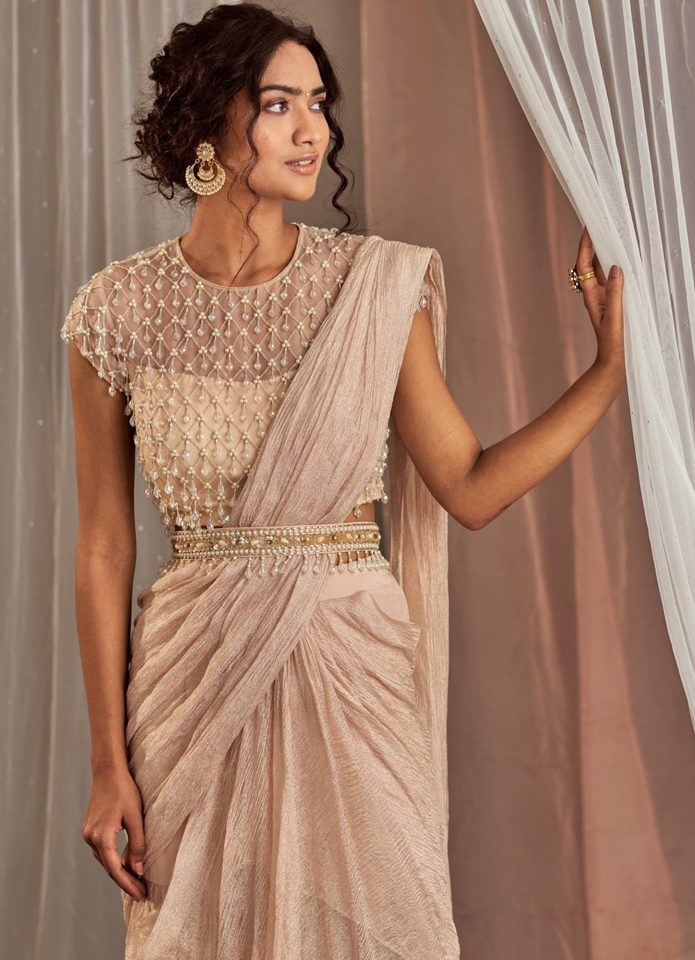 Rose Champagne Pre-Draped Tissue Saree With Tasseled Blouse Nidhika Shekhar - Fabilicious Fashion