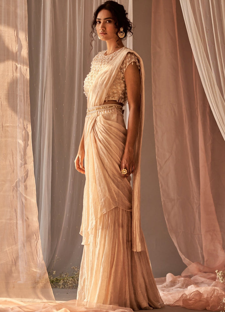 Rose Champagne Pre-Draped Tissue Saree With Tasseled Blouse Nidhika Shekhar - Fabilicious Fashion