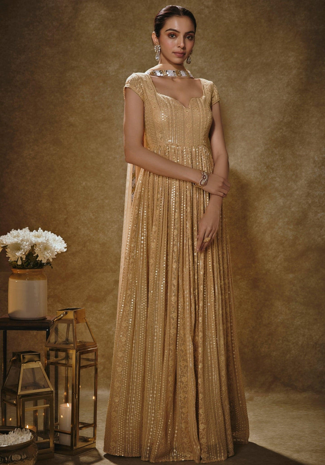 Rose Gold Embroidered Anarkali Set Renee Label - Fabilicious Fashion