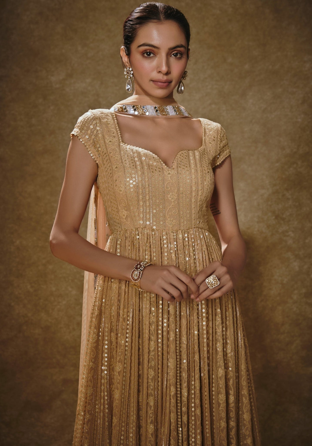 Rose Gold Embroidered Anarkali Set Renee Label - Fabilicious Fashion