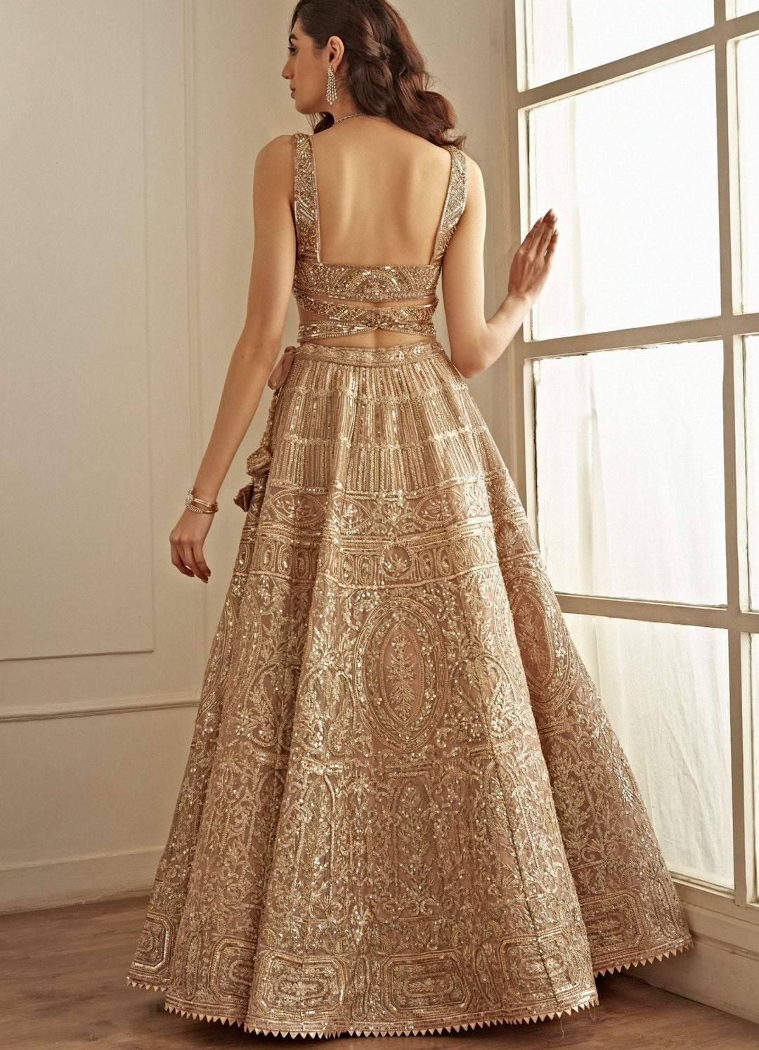 Rose Gold Moti and Cut Daana Embroidered Lehenga Set Studio Iris - Fabilicious Fashion